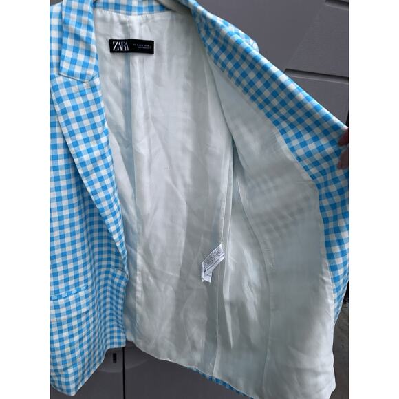 Zara Blazer Blue & White Gingham Blazer Bloggers Favorite Preppy Clueless Sz L - Picture 13 of 16